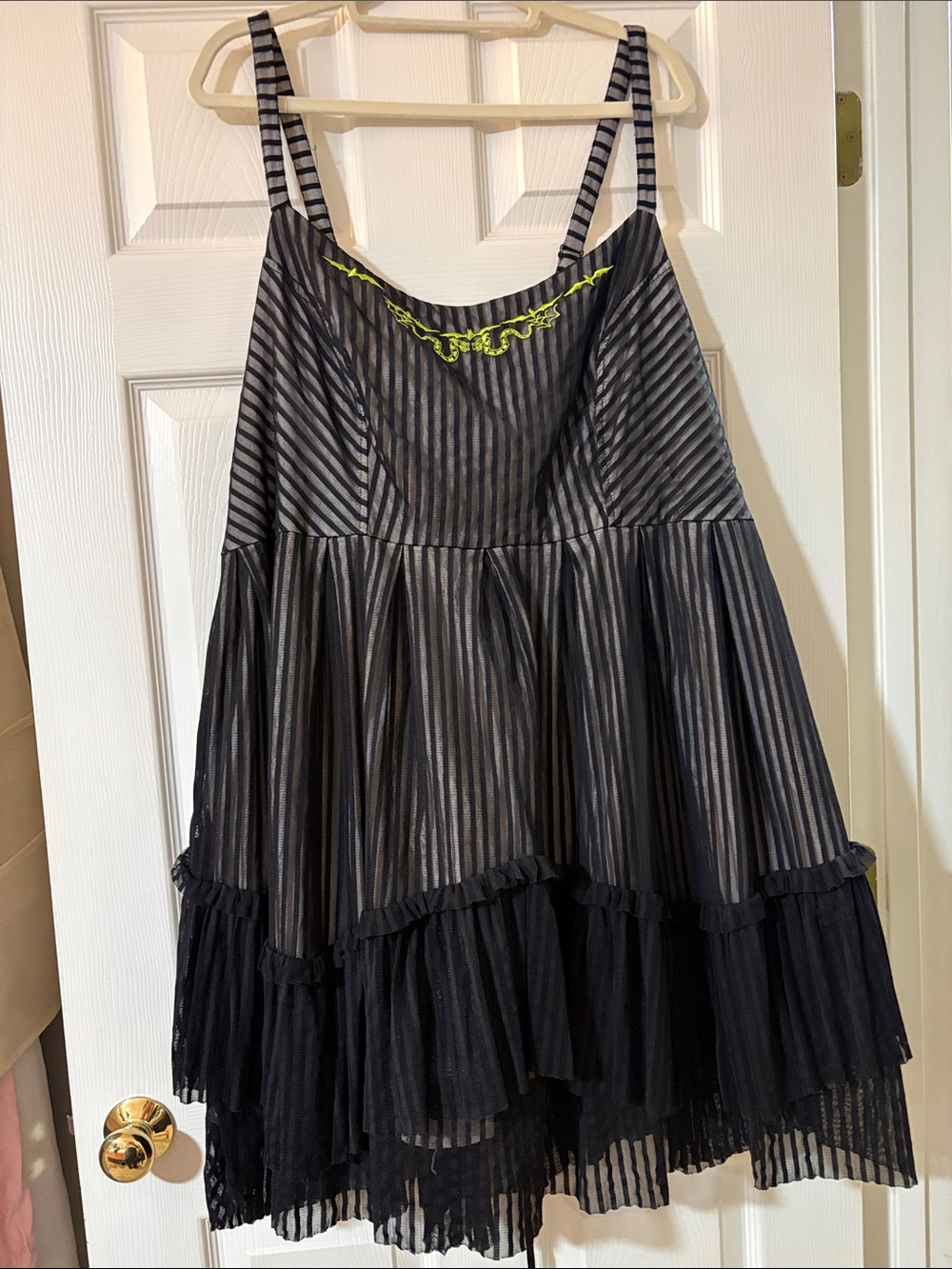 Beetlejuice- Black and Gray Striped Spaghetti Strap Dress with Neon Accent